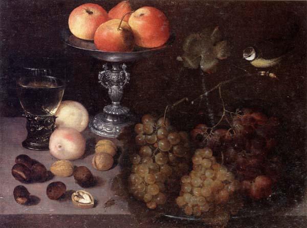 Georg Flegel Still life of grapes on a pewter dish,together with peaches,nuts,a glass roemer and a silver tazza containing apples and pears,and a blue-tit oil painting image
